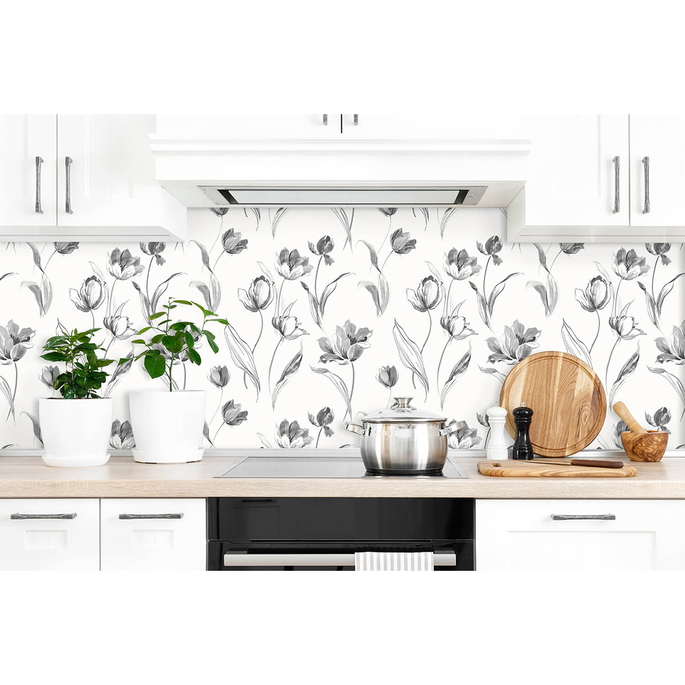 NextWall Peel &amp; Stick Tulip Toss Black &amp; White Wallpaper image 4 of 5