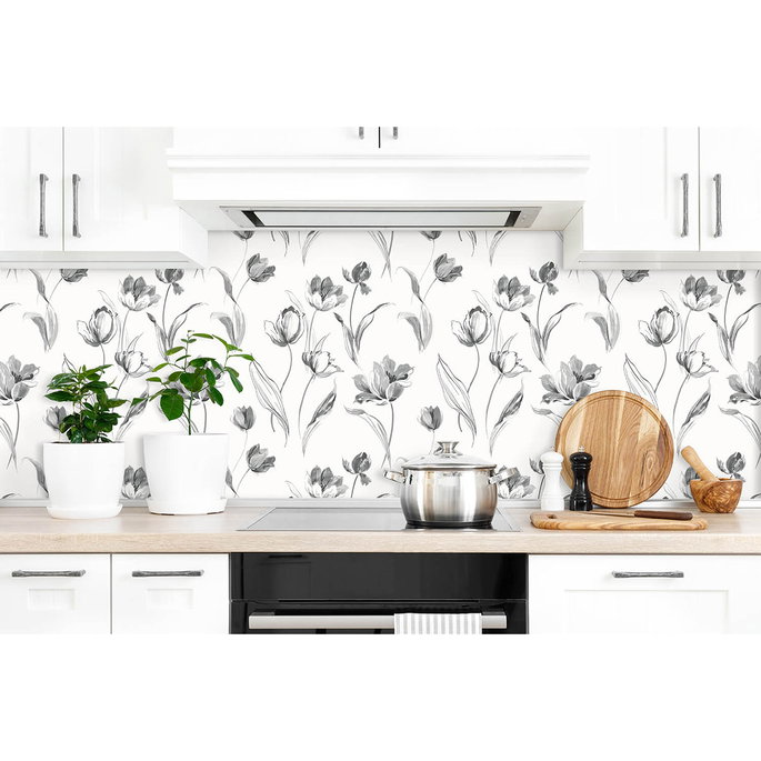 NextWall Peel &amp; Stick Tulip Toss Black &amp; White Wallpaper image 4 of 5