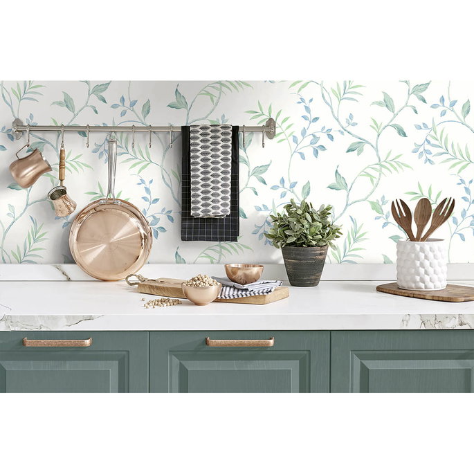 NextWall Peel &amp; Stick Watercolor Leaf Trail Sea Glass Wallpaper image 4 of 5