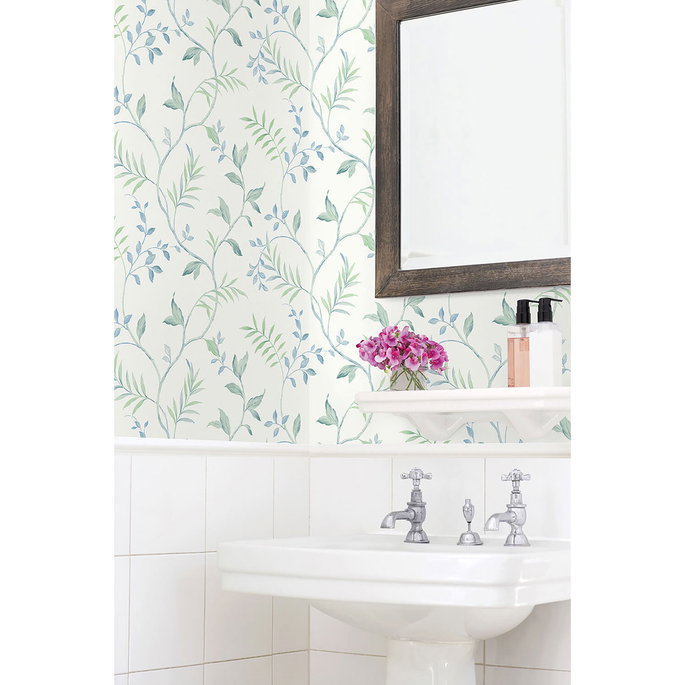 NextWall Peel &amp; Stick Watercolor Leaf Trail Sea Glass Wallpaper image 5 of 5