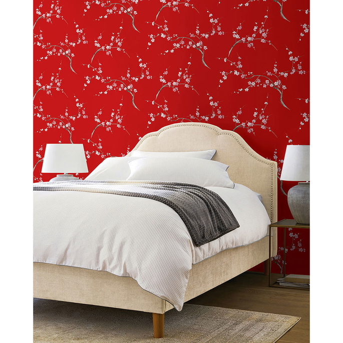 NextWall Peel &amp; Stick Cherry Blossom Floral Scarlet &amp; Petal Pink Wallpaper image 3 of 4