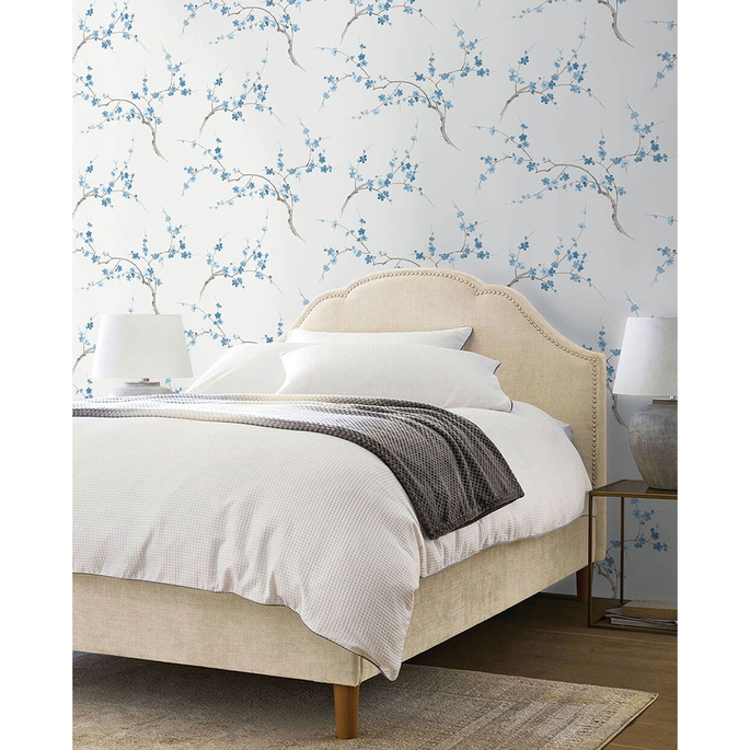 NextWall Peel &amp; Stick Cherry Blossom Floral Pacific Blue &amp; White Wallpaper image 3 of 4