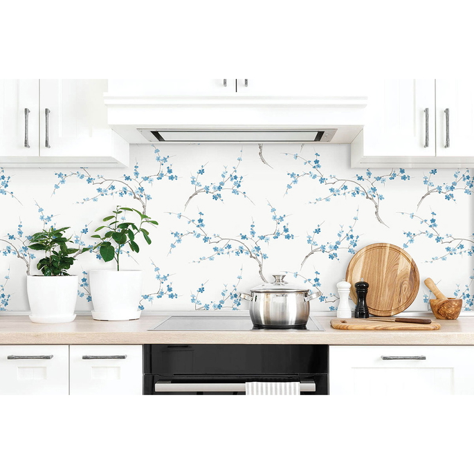 NextWall Peel &amp; Stick Cherry Blossom Floral Pacific Blue &amp; White Wallpaper image 4 of 4