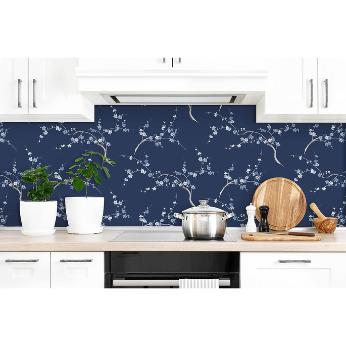 NextWall Peel &amp; Stick Cherry Blossom Floral Navy &amp; Blue Jay Wallpaper image 4 of 4