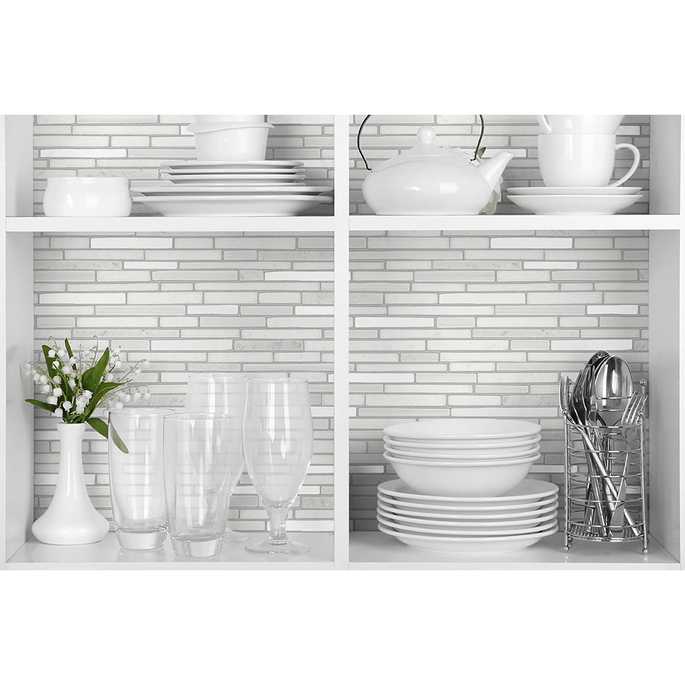 NextWall Peel &amp; Stick Faux Mosaic Strip Tile Metallic Pearl &amp; Gray Wallpaper image 3 of 5