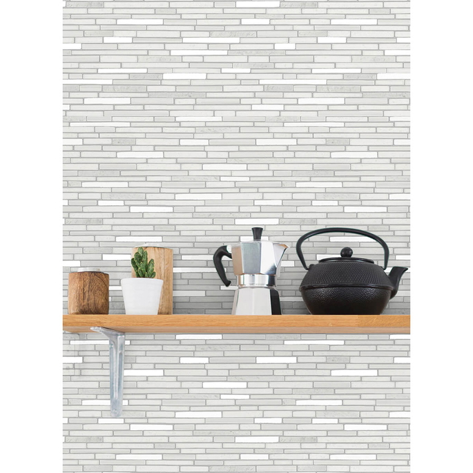 NextWall Peel &amp; Stick Faux Mosaic Strip Tile Metallic Pearl &amp; Gray Wallpaper image 4 of 5