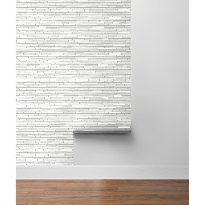 NextWall Peel &amp; Stick Faux Mosaic Strip Tile Metallic Pearl &amp; Gray Wallpaper image 5 of 5