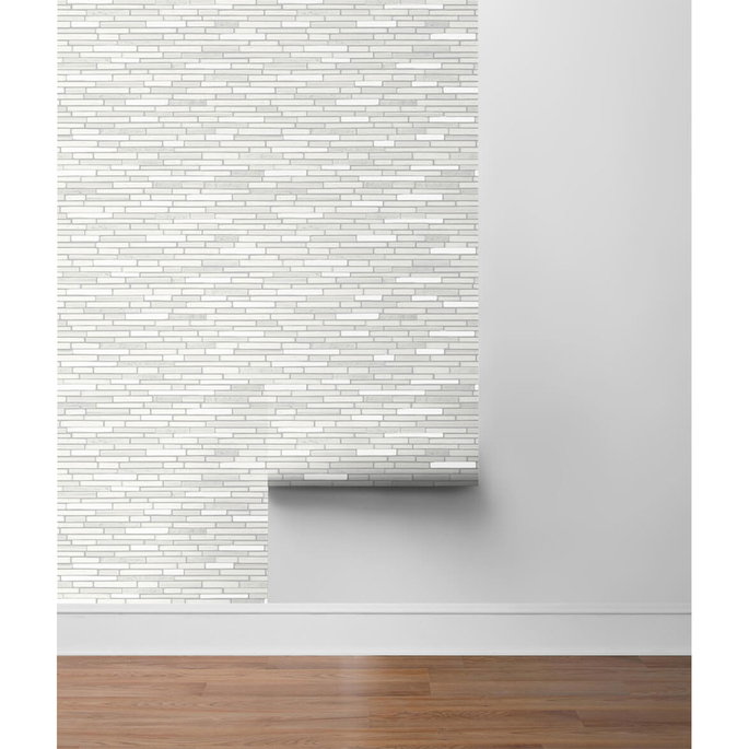 NextWall Peel &amp; Stick Faux Mosaic Strip Tile Metallic Pearl &amp; Gray Wallpaper image 5 of 5