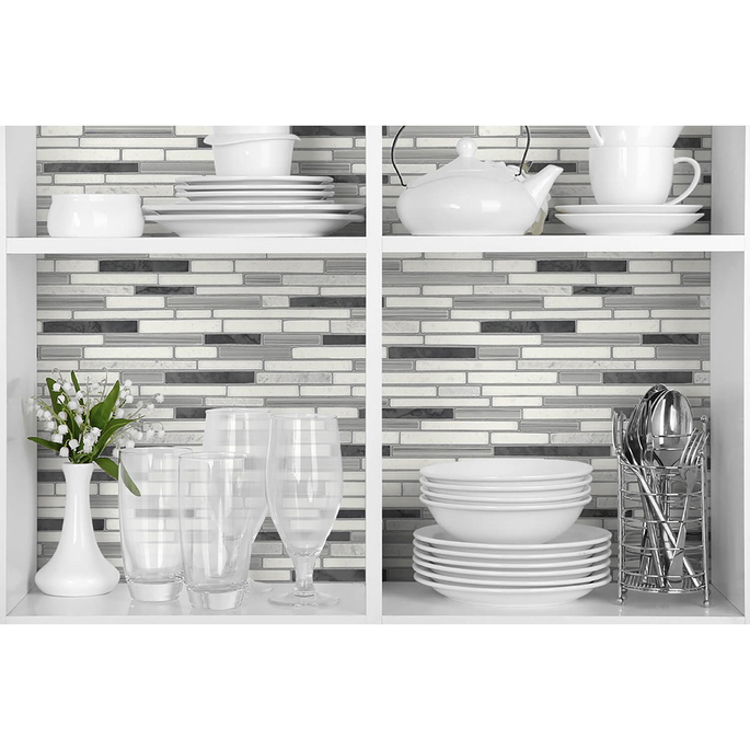 NextWall Peel &amp; Stick Faux Mosaic Strip Tile Wrought Iron &amp; Gray Wallpaper image 3 of 5