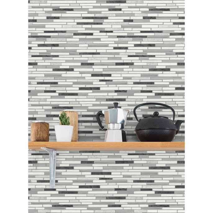 NextWall Peel &amp; Stick Faux Mosaic Strip Tile Wrought Iron &amp; Gray Wallpaper image 4 of 5