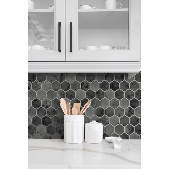 NextWall Peel &amp; Stick Inlay Hexagon Cosmic Black &amp; Metallic Silver Wallpaper image 3 of 5