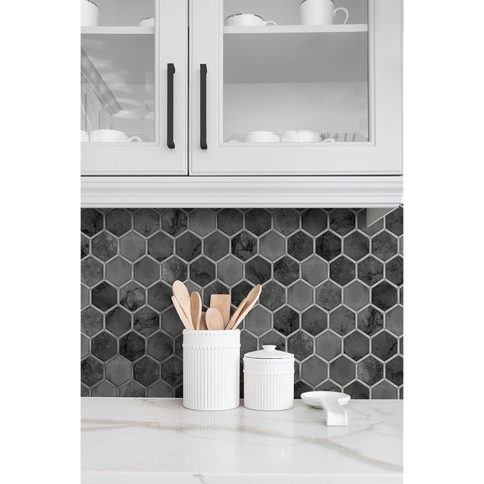 NextWall Peel &amp; Stick Inlay Hexagon Cosmic Black &amp; Metallic Silver Wallpaper image 3 of 5