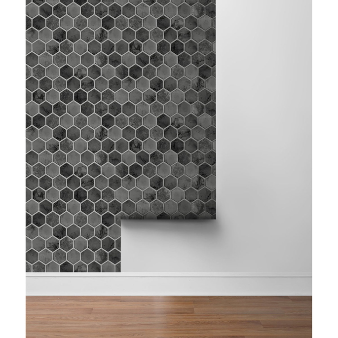 NextWall Peel &amp; Stick Inlay Hexagon Cosmic Black &amp; Metallic Silver Wallpaper image 5 of 5