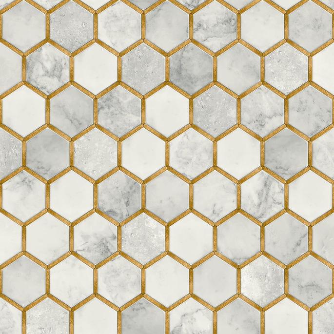 NextWall Peel &amp; Stick Inlay Hexagon Alaska Grey &amp; Metallic Gold Wallpaper image 1 of 4