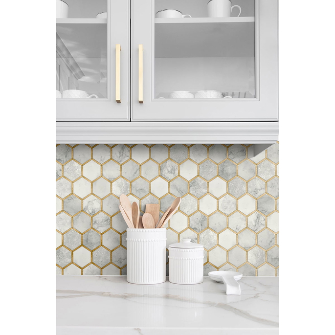 NextWall Peel &amp; Stick Inlay Hexagon Alaska Grey &amp; Metallic Gold Wallpaper image 3 of 4