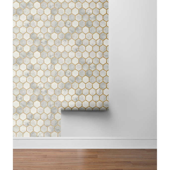 NextWall Peel &amp; Stick Inlay Hexagon Alaska Grey &amp; Metallic Gold Wallpaper image 4 of 4