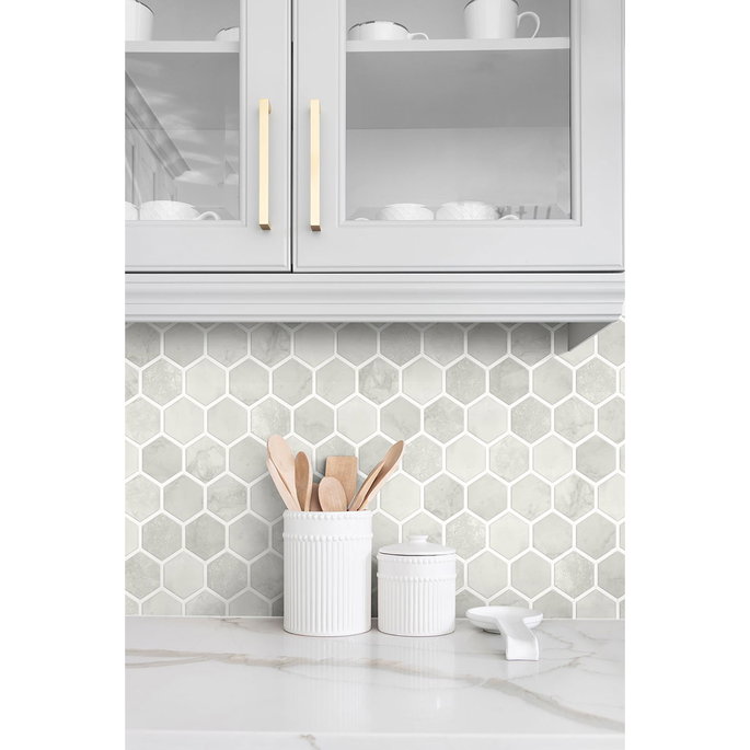 NextWall Peel &amp; Stick Inlay Hexagon Cream Neutral Wallpaper image 3 of 4