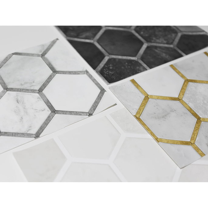 NextWall Peel &amp; Stick Inlay Hexagon Carrara &amp; Metallic Silver Wallpaper image 2 of 4