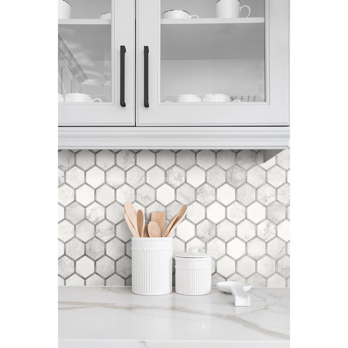 NextWall Peel &amp; Stick Inlay Hexagon Carrara &amp; Metallic Silver Wallpaper image 3 of 4