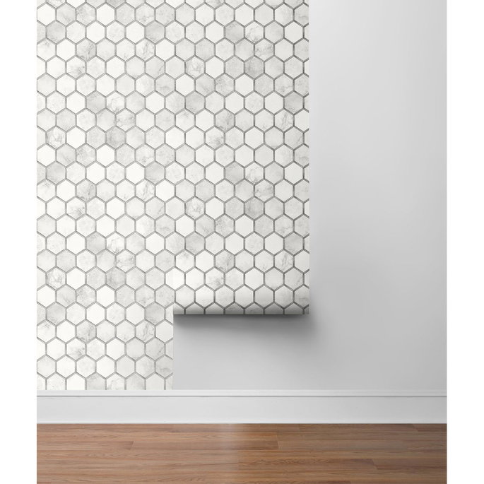 NextWall Peel &amp; Stick Inlay Hexagon Carrara &amp; Metallic Silver Wallpaper image 4 of 4