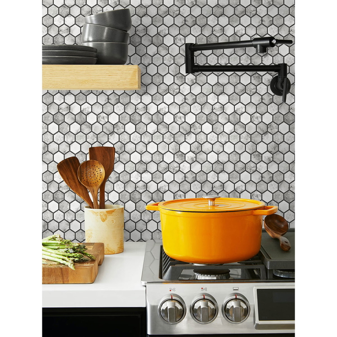 NextWall Peel &amp; Stick Marble Hexagon Carrara &amp; Wrought Iron Wallpaper image 2 of 5