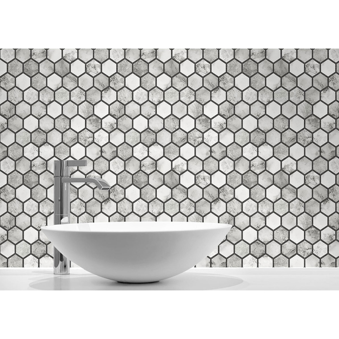 NextWall Peel &amp; Stick Marble Hexagon Carrara &amp; Wrought Iron Wallpaper image 4 of 5