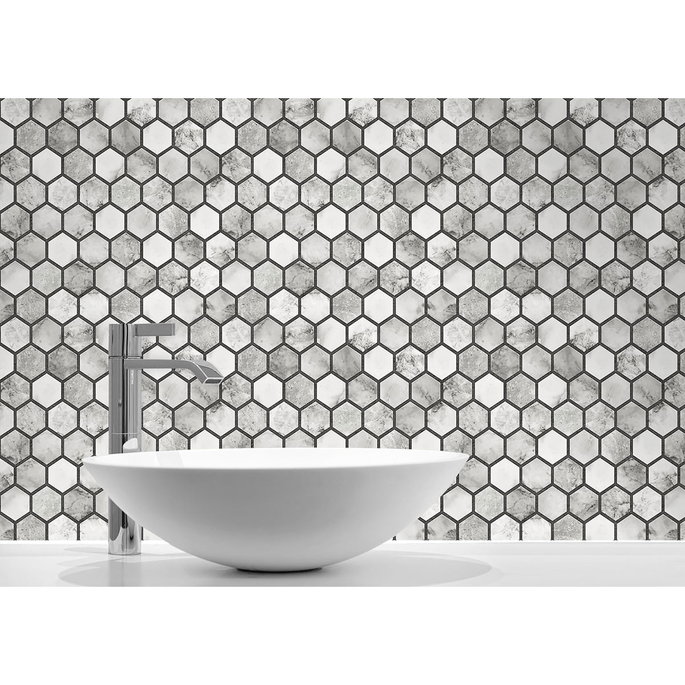NextWall Peel &amp; Stick Marble Hexagon Carrara &amp; Wrought Iron Wallpaper image 4 of 5
