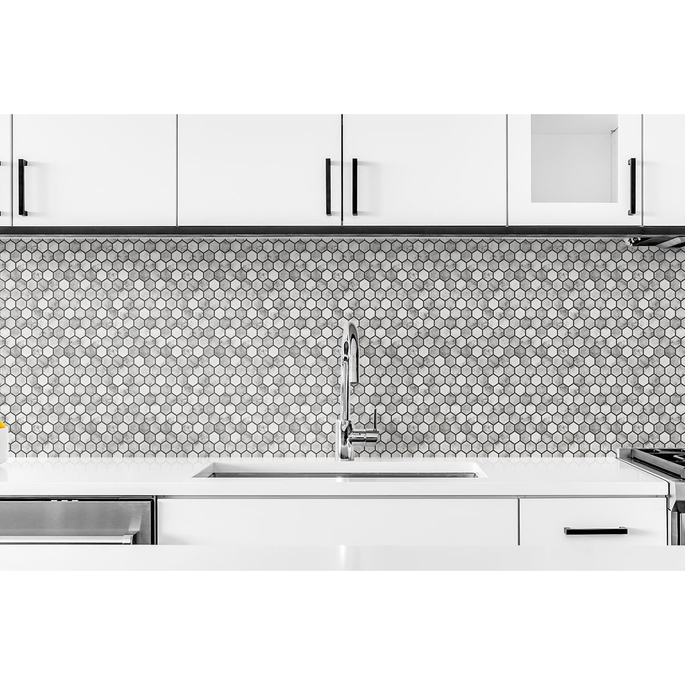 NextWall Peel &amp; Stick Marble Hexagon Carrara &amp; Wrought Iron Wallpaper image 5 of 5
