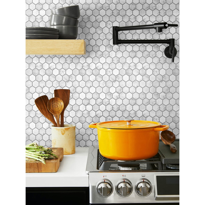 NextWall Peel &amp; Stick Marble Hexagon Carrara &amp; Argos Grey Wallpaper image 2 of 5