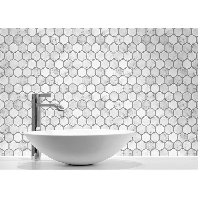 NextWall Peel &amp; Stick Marble Hexagon Carrara &amp; Argos Grey Wallpaper image 4 of 5