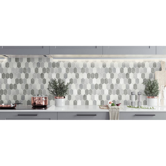 NextWall Peel &amp; Stick Brushed Hex Tile Icy Grey &amp; Nickel Wallpaper image 2 of 4