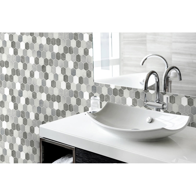 NextWall Peel &amp; Stick Brushed Hex Tile Icy Grey &amp; Nickel Wallpaper image 3 of 4
