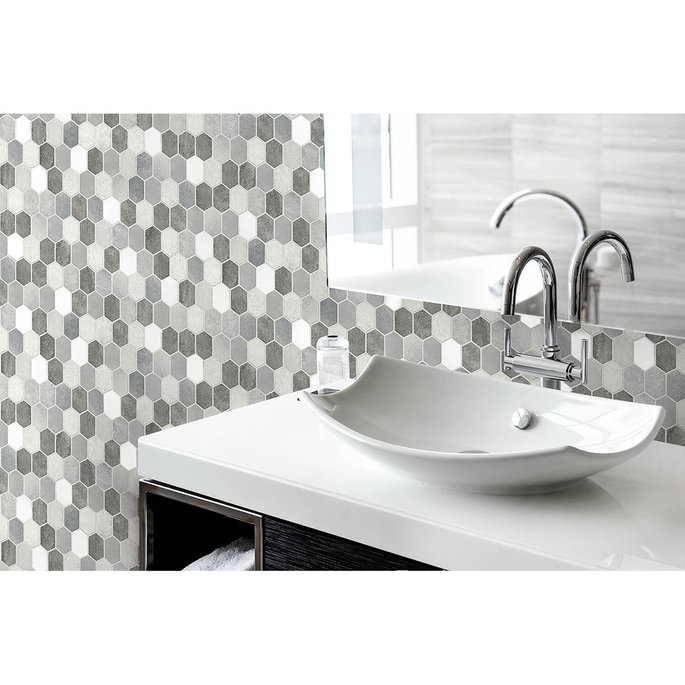 NextWall Peel &amp; Stick Brushed Hex Tile Icy Grey &amp; Nickel Wallpaper image 3 of 4