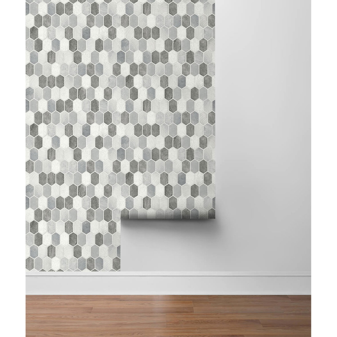NextWall Peel &amp; Stick Brushed Hex Tile Icy Grey &amp; Nickel Wallpaper image 4 of 4