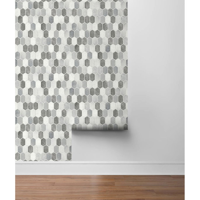 NextWall Peel &amp; Stick Brushed Hex Tile Icy Grey &amp; Nickel Wallpaper image 4 of 4