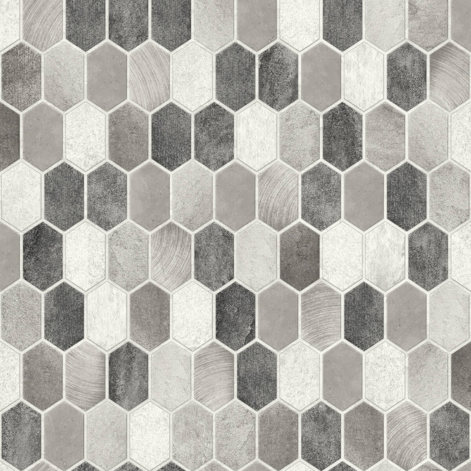 NextWall Peel &amp; Stick Brushed Hex Tile Pavestone &amp; Chrome Wallpaper image 1 of 5