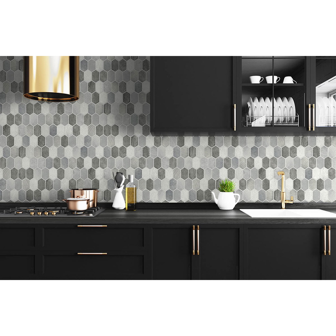 NextWall Peel &amp; Stick Brushed Hex Tile Pavestone &amp; Chrome Wallpaper image 2 of 5