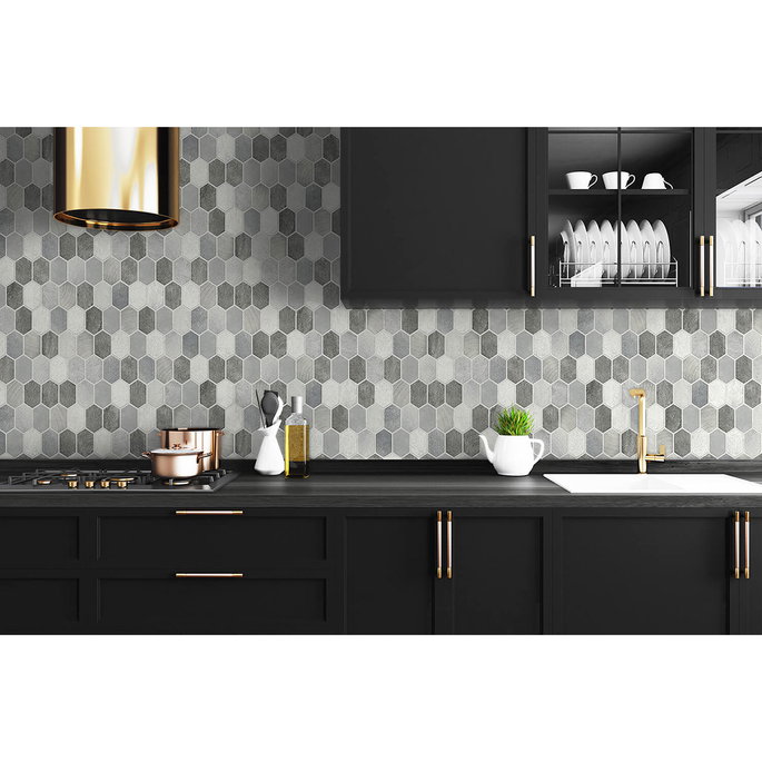 NextWall Peel &amp; Stick Brushed Hex Tile Pavestone &amp; Chrome Wallpaper image 2 of 5