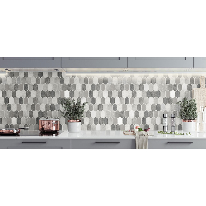 NextWall Peel &amp; Stick Brushed Hex Tile Pavestone &amp; Chrome Wallpaper image 3 of 5