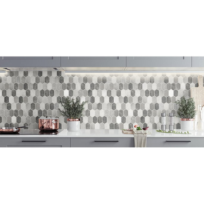 NextWall Peel &amp; Stick Brushed Hex Tile Pavestone &amp; Chrome Wallpaper image 3 of 5