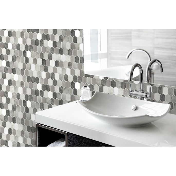 NextWall Peel &amp; Stick Brushed Hex Tile Pavestone &amp; Chrome Wallpaper image 4 of 5