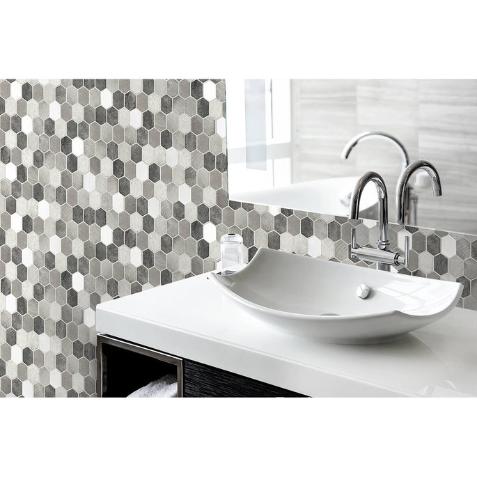 NextWall Peel &amp; Stick Brushed Hex Tile Pavestone &amp; Chrome Wallpaper image 4 of 5