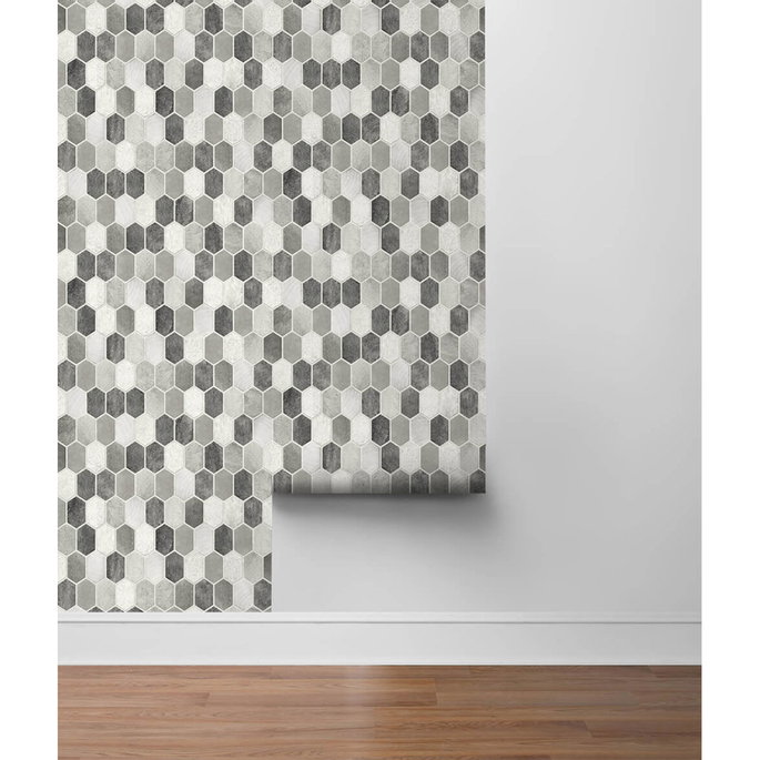 NextWall Peel &amp; Stick Brushed Hex Tile Pavestone &amp; Chrome Wallpaper image 5 of 5