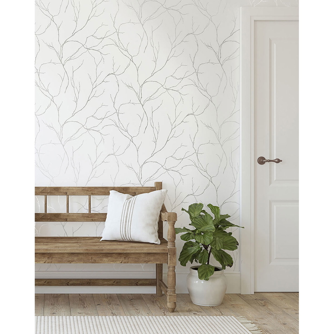 NextWall Peel &amp; Stick Delicate Branches Metallic Silver Wallpaper image 2 of 5