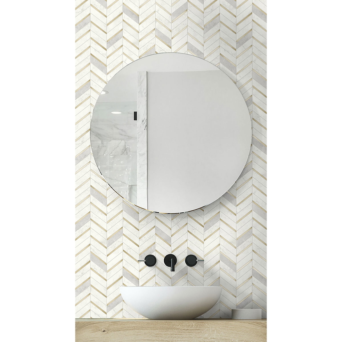 NextWall Peel &amp; Stick Chevron Marble Tile Metallic Gold &amp; Pearl Gray Wallpaper image 3 of 5