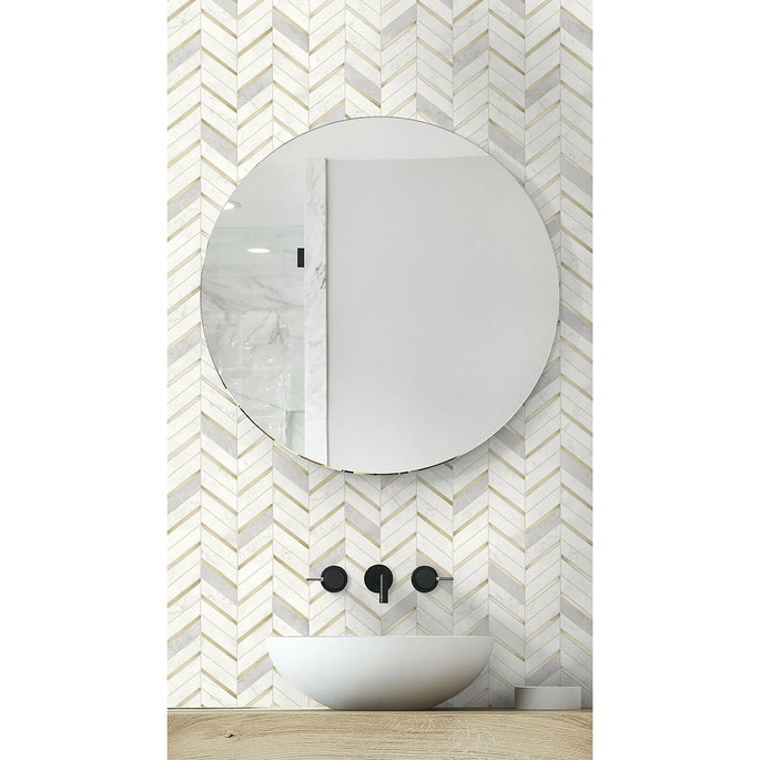 NextWall Peel &amp; Stick Chevron Marble Tile Metallic Gold &amp; Pearl Gray Wallpaper image 3 of 5