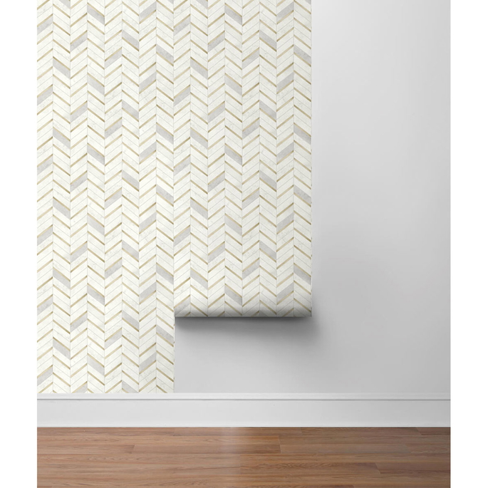 NextWall Peel &amp; Stick Chevron Marble Tile Metallic Gold &amp; Pearl Gray Wallpaper image 5 of 5