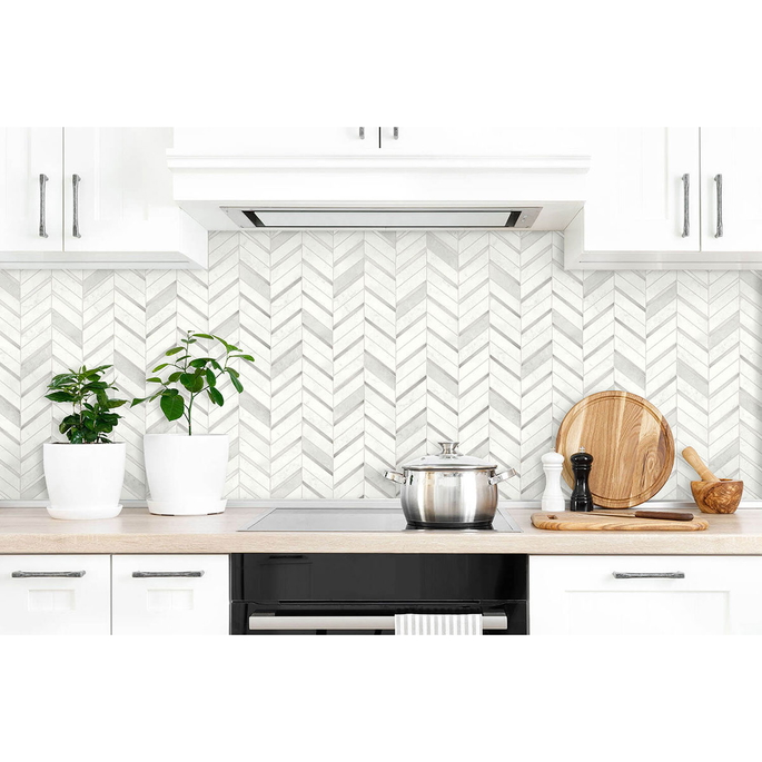 NextWall Peel &amp; Stick Chevron Marble Tile Metallic Silver &amp; Pearl Gray Wallpaper image 2 of 5