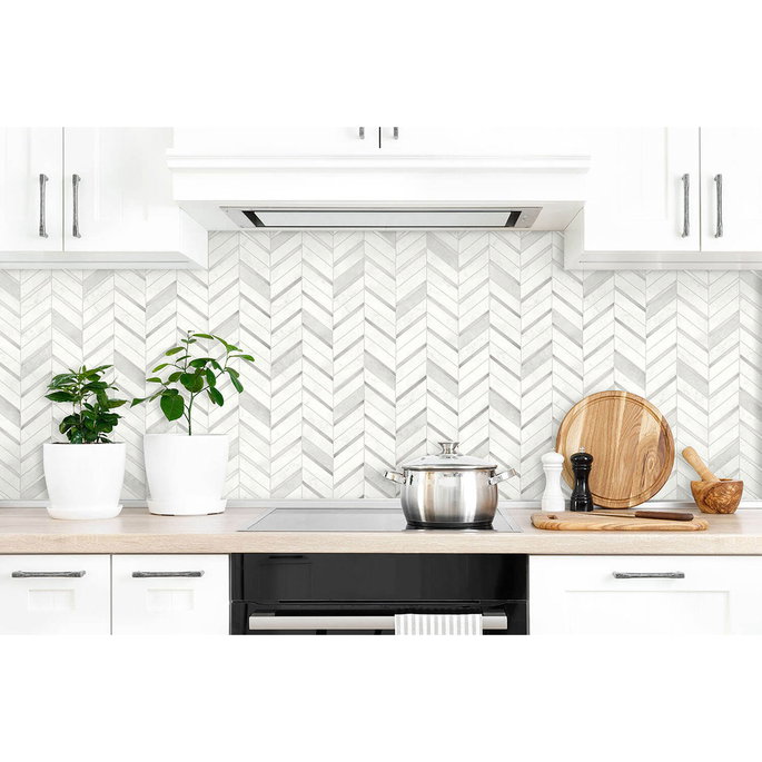 NextWall Peel &amp; Stick Chevron Marble Tile Metallic Silver &amp; Pearl Gray Wallpaper image 2 of 5