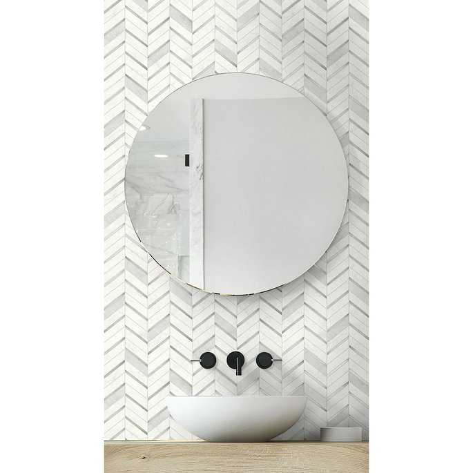 NextWall Peel &amp; Stick Chevron Marble Tile Metallic Silver &amp; Pearl Gray Wallpaper image 3 of 5